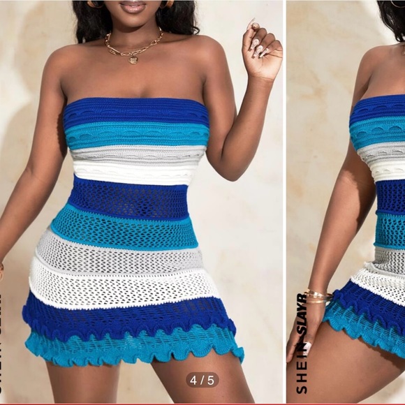 Strapless Blue and White/color blocked crochet midi dress - Picture 1 of 3